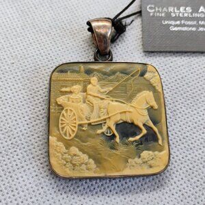 Charles Albert Sterling Silver Hand Carved Cameo Pendant Horse & Carriage Scene